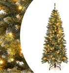SPOTRAVEL 5FT Pre-Lit Slim Pencil Christmas Tree, Snowy Artificial Xmas Tree with 408 Branch Tips and 200 LED Lights, Hinged Festive Decoration Tree