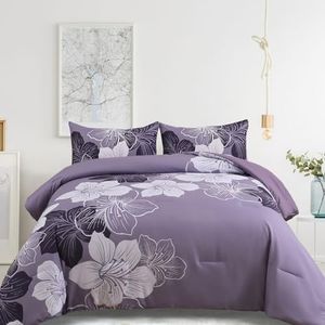 Menghomeus Dark Purple Comforter Set Full Floral Bedding Comforter Sets - Soft Microfiber Bed Set for All Season 3 Piece Botanical Flowers Comforter, Pillowcases