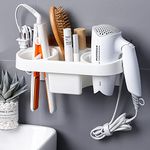 Wall Mounted Hair Dryer Holder, Self Adhesive No Drilling, Multi-Functional Space Saving Storage Bathroom with Socket Buckle, Hair Dryer/Toothbrush/Cosmetic/Curling Iron (White)