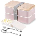 Original Bento Box Lunch Boxes Container Bundle Divider Japanese style with stainless steel Utensils spoon and fork (Pink)