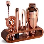 Mixology Bartender Kit: 10-Piece Copper Bar Set Cocktail Shaker Set with Stylish Mahogany Stand | Perfect Home Bartending Kit with Rose Gold Bar Tools and Martini Shaker for Foolproof Drink Mixing