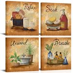 LyerArtork 4Pcs Vintage Bathroom Signs Wall Decor Art Soak Unwind Relax Breathe Pictures Print Still Life Artwork for Modern Washroom Toilet Decorations Ready to Hang Each Piece 12x12inch