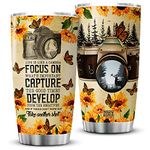 ZOXIX Vintage Photographer Gift Tumbler With Lid 20oz Life Is Like A Camera Mug With Inspirational Quote Stainless Steel Coffee Cup For Photographers Monarch Butterfly Sunflower