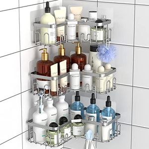 Menbyci 3 Pack Corner Shower Caddy, Corner Shower Shelf with 18 Hooks, Stainless Steel Adhesive Shower Organizer Corner Shower Shelves for Bathroom Storage (Silver)