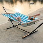 2 in 1 Quilted Pad Hammock with Stand 450lbs Capacity, 12 feet Hammock Holder Spreader Bar Rope Hammock Indoor Outdoor Patio Lawn Beach Use