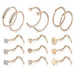 D.Bella 15PCS 20G Stainless Steel Nose Screw Nose Stud Nose Hoop Rings for Women Men Nose Lip Piercing Set - Rose gold