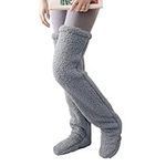 JIAHG Winter Warm Over Knee Sock Slippers Thermal Fleece Thigh High Socks Stockings Fluffy Knee Leg Warmers Sleeves Night Sleep Socks Foot Warming Slipper Socks for Women Girls Elderly