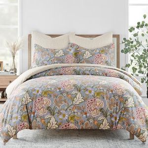 Levtex Home - Angelica Comforter Set - King Comforter + Two King Pillow Cases - Floral - Blue Grey Taupe Green Maroon - Comforter (106 x 94in.) and Pillow Case (36 x 20in.) - Cotton