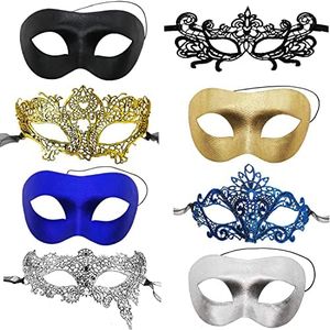 8 pezzi Coppia Maschere di pizzo Uomo Donne Sexy Maschera Occhi per Festa da ballo Maschera Veneziana Costume - Nero, Oro, Argento, Blu