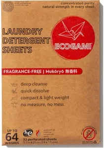 Ecogami Laundry Detergent Sheets - 32 Sheets (Up to 64 Loads), Available in Fragrance-Free or Takekaze, Plastic-Free, Biodegradable, Dissolvable for Sensitive Skin (Fragrance-Free)