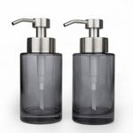 Glass Soap Dispenser 2Pack with Stainless Steel Pump&Label,12oz Thick Glass Grey Hand and Dish Liquid Soap Dispenser Bathroom,Refillable Silver Soap Dispenser,Clear Soap Dispenser for Bathroom,kitchen