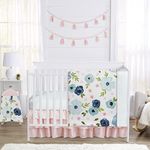 Sweet Jojo Designs Navy Blue and Pink Watercolor Floral Baby Girl Nursery Crib Bedding Set - 4 Pieces - Blush, Green and White Shabby Chic Rose Flower Polka Dot