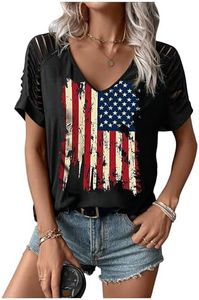 American Flag Cut Out Cold Shoulder T Shirt Women 4th of July Lacerated Sleeve Blouse USA Patriotic Graphic Rock Tee Top, Black Cut, X-Large