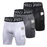 YUSHOW Compression Shorts Mens 3 Pack Sports Anti-Chafing Underwear Base Layer Shorts Quick Dry Running Shorts with Phone Pockets Cycling Tights for Workout Athletic Rugby Short Protect Leg Skin