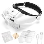 Uarzt Head Mount Magnifier with LED Light, Rechargeable Headband Magnifier, Head-Mounted Magnifying Glass with 6 Detachable Lens, Handsfree Magnifying Glasses for Jewelers Loupe, Crafts, Repair