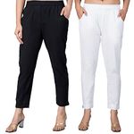 QuaClo Women Black White Regular Fit Elastic Cotton Trouser Pack of 2-XL