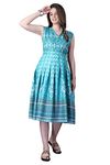 Satinostitch Women's Teal Blue Color Cotton Floral Flared Western Dress, Sleeveless A-line Frock (XL)