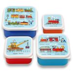 Tyrrell Katz Kids Snack Boxes with Trains Print - Children's 4 Piece Set - Freezer Safe Square Food Storage Containers