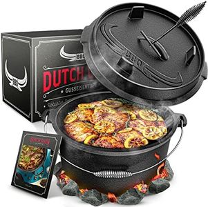 BBQ Dutch Oven [Das Original] - Dutch Oven Set [7L] – Eingebrannter Feuertopf aus Gusseisen mit Füßen & Deckel – Ausgezeichnet von Vergleich.org – inkl. Deckelheber - mit e-Book