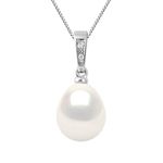 PEARLS & COLORS - Pendant Genuine Drop-Shaped Freshwater Cultured Pearl 9-10 mm- Natural White Color -AAA+ Quality - Diamonds 0.010 Cts - Women's jewellery