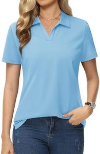 MAGCOMSEN Woman Polo Shirt V Neck Tops Cotton Short Sleeve Shirts Collared Golf Polos Tennis Shirts Wicking Waterfall Blue, 2XL