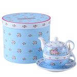 London Boutique Tea for One, Teapot Tea cup Saucer Set Gifts for Women Afternoon Tea Set for 1 Vintage Rose Flora Porcelain Gift for Her (Rose Blue)