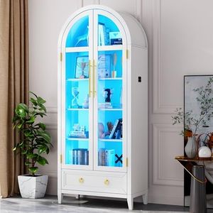 HNEBC Book Shelf with LED Lights, Arched Display Case with Storage Cabinet, Smart File Cabinet with Glass Door, Curio Cabinet with Solid Wood Legs for Home Office/Bedroom Furnniture-White