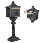 Giantex Cast Aluminum Mailbox with Post - Locking Residential Mailboxes for Outside with Keys, Baffle Door, Expansion Bolts, Address Panel, In-Ground Rust-Proof Large Security Postal Mailbox (Black)