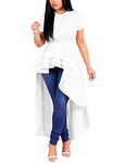 Lrady Women Ruffle High Low Asymmetrical Short Sleeve Peplum Tops Blouse Shirt Dress White M