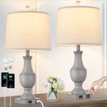 Farmhouse Table Lamps Set of 2, Rustic 25" Touch Control Bedside Lamps with 2 USB Ports & AC Outlet, Vintage 3-Way Dimmable Nightstand Lamp Linen Fabric Shade for Living Room Bedroom End Table Decor