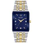 Bulova Men's Modern Two-Tone Stainless 3-Hand Quartz Watch, Blue Rectangle Dial with Diamonds Style: 98D154