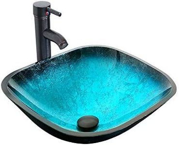 eclife 16.5" Bathroom Vessel Sink Modern Artistic Single Turquoise Square Tempered Glass Basin Countertop Bowl Sink for Lavatory Vanity Cabinet, W/Water Save Faucet Pop Up Drain (A10)