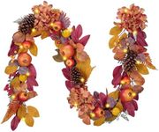 DecorbyHannah Fall Leaves Garland with Lights, 6 ft Artificial Autumn Harvest Garland for Mantle, Fall Thanksgiving Decor with Pomegranate Pinecone Fruits for Front Door Table Wall Indoor Outdoor Use