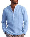 LVCBL Men's Linen Henley Shirt Breathable Crew Neck Business Travel Light Blue XL