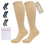 360 RELIEF 2 Pairs Flight Compression Socks for Women & Men, Supports Blood Circulation, Travel, Edema, Diabetic, Varicose Veins, Pregnancy, Nurses, L/XL, Beige + Laundry Bag