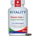 VITALITY Power Iron High Dose 45mg - with Vitamin C, B12 1000mcg, Folate, High Absorption Blood Builder Iron Supplements for Women & Men with Iron Deficiency Anemia, 60 Vegan Capsules