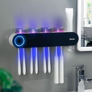 iHave UV Toothbrush Sanitizer Holder Wall Mount Toothpaste Dispenser, 4-Cup