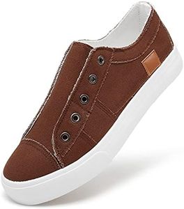 Women's Slip on Shoes Non Slip Fashion Canvas Sneakers Low Top Casual Shoes(Brown,US6.5)