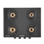 Haute Kitchen Essencia Series All Black 4 Burner Gas Stove|Manual Ignition cooktop| 7mm Toughened Glass| Metal Knobs | | Door Step Service | 3 years warranty on Burner, Glass, Valves By Haute Home