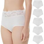 VANEVER -Lace Trim Full Briefs Underwear Women,Cotton Ladies High Rise Knickers, Breathable Soft Cotton Women Granny Panties,Pack of 5,Size24,Cream