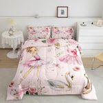 Manfei Ballet Dance Girl Pink Queen Size Comforter Set,Fantasy Dancing Dress Shoes Down Alternative Adults Room Decor,Dreamy Swan Watercolor Flowers Ultra Soft Microfiber Inner Fill 3Pcs