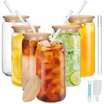 ZgoEC 6 Pack Drinking Glasses Cup with Lids and Straws, 16oz Pint Glasses Iced Coffee Cup, Reusable Glass Tumbler Cup, Drinking Tumbler Can Shaped Glasses for Beer, Cocktail, Coffee, Soda, Smoothie