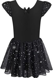 DANSHOW Girls Glitter Leotards for Ballet Dance Dress with Tutu Skirt Petal Sleeve - Black - 10-12years