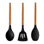 amicus Silicon Spatula Set for Kitchen, Non-Stick Pan Cooking Spatula Slotted Turner, Spoontula, Serving Spoon with Wooden Handle, Kitchen Tools Set, Black