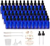 HWASHIN 48 Pack 1/2 oz (15ml) Cobalt Blue Glass Bottles with Glass Eye Droppers for Essential Oils, Perfumes & Lab Chemicals (Brush, Funnels, 2 Extra Droppers, 54 Pcs Labels & Measuring Cup Included)