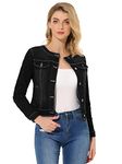 Allegra K Women's Denim Jacket Button Down Collarless Long Sleeve Jean Jackets Black Medium