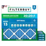 Filterbuy 20x20x1 Air Filter MERV 13 Optimal Defense (4-Pack), Pleated HVAC AC Furnace Air Filters Replacement (Actual Size: 19.50 x 19.50 x 0.75 Inches)