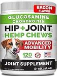 Hemp Treats - Glucosamine Dog Joint Supplement + Omega 3 - w/Hemp Oil - Chondroitin, MSM - Advanced Mobility Chews - Joint Pain Relief - Hip & Joint Care - Bacon Flavor - 120 Ct - Made in USA