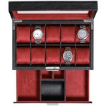 ROTHWELL 10 Slot Leather Watch Box with Valet Drawer - Luxury Watch Case Display Organizer, Ultra Soft Microsuede Liner, Locking Jewelry Watches Holder With Large Glass Top (Black/Red)