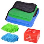 Autofy Multipurpose 4 IN COMBO Cleaning Kit Dust Cloth For All Vehicles Bikes Cars Glass Kitchens - 800GSM Small Towel + Medium Towel + 2 Microfiber Gloves (Multicolour)